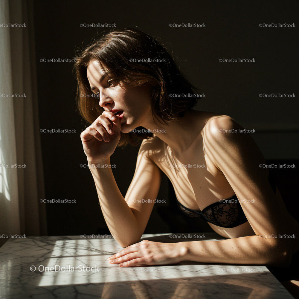 Contemplative Woman in Soft Sunlight with Lacy Lingerie