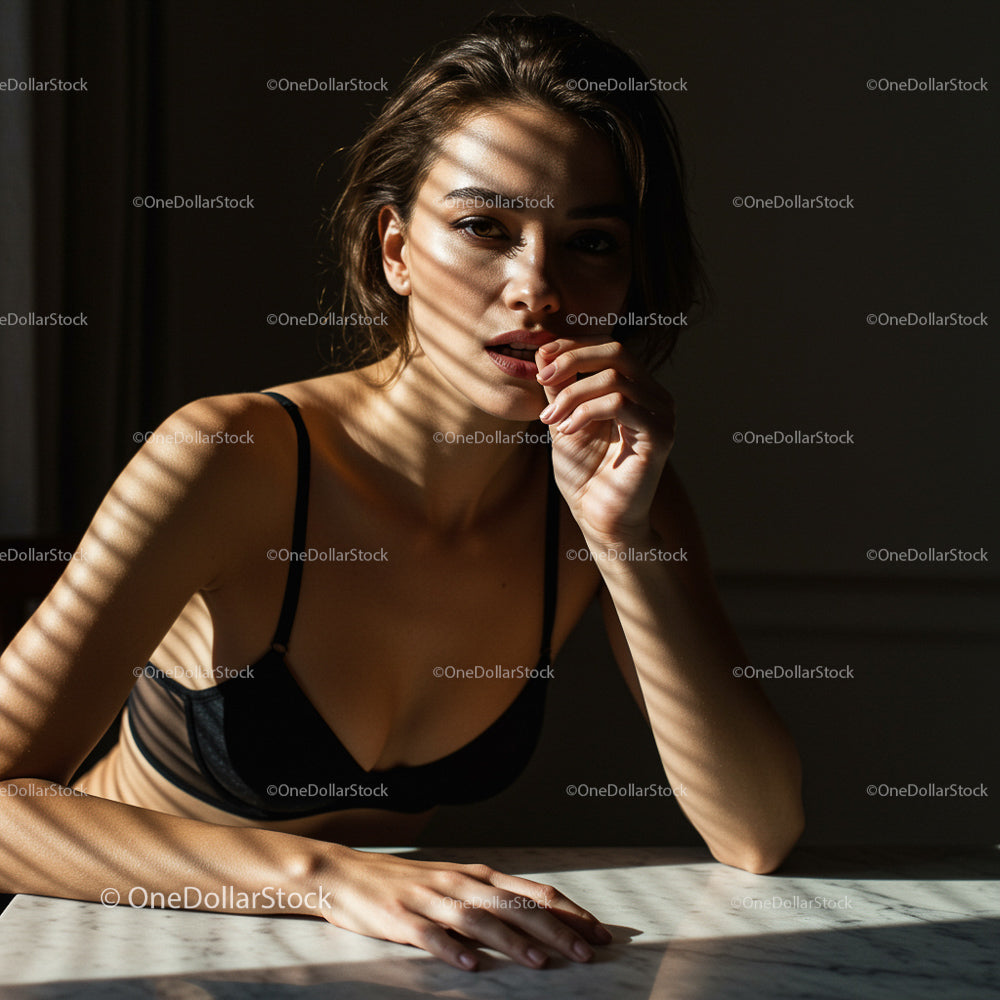 Woman in Striped Shadows with Intense Gaze