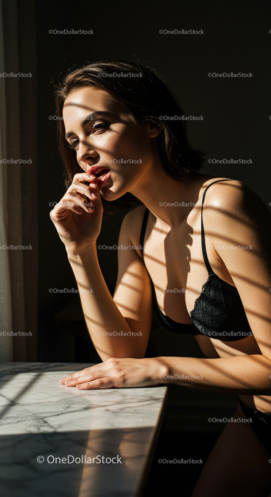 Serene Woman in Sunlit Room with Dramatic Shadows
