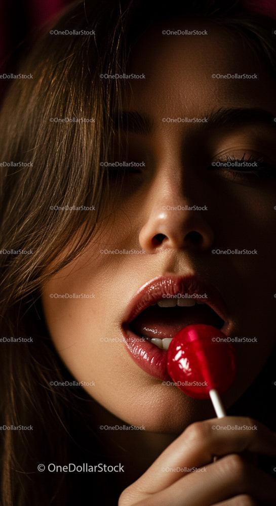 Close-Up of Woman Enjoying a Red Lollipop