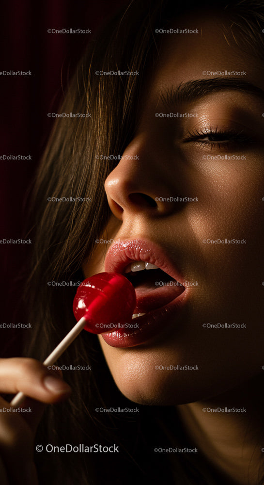 Woman Enjoying a Red Lollipop Close-Up