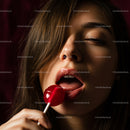 Sensual Woman Enjoying a Red Lollipop Close-Up