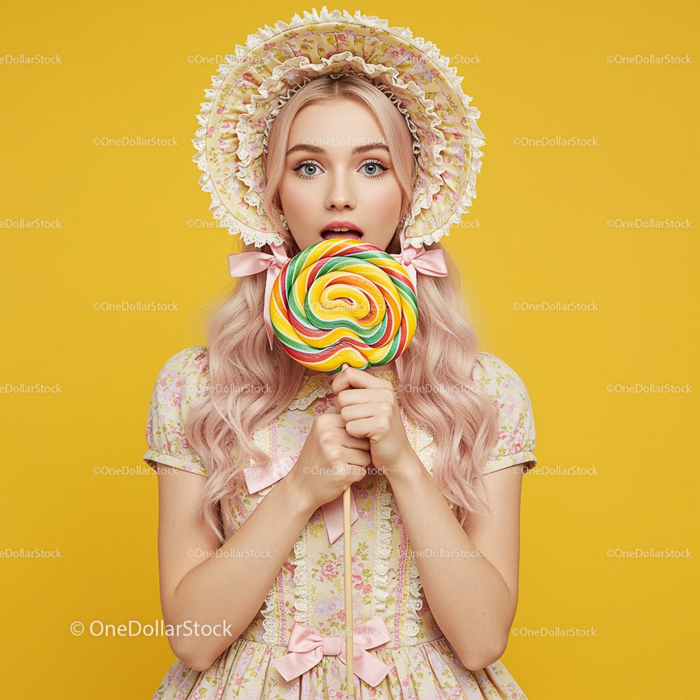 Young Woman with Lollipop and Floral Hat Against Yellow