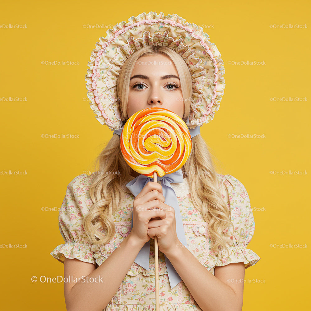 Retro Woman in Floral Dress Holding Swirl Lollipop