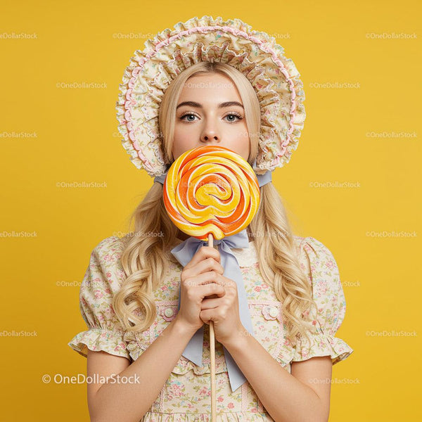 Retro Woman in Floral Dress Holding Swirl Lollipop