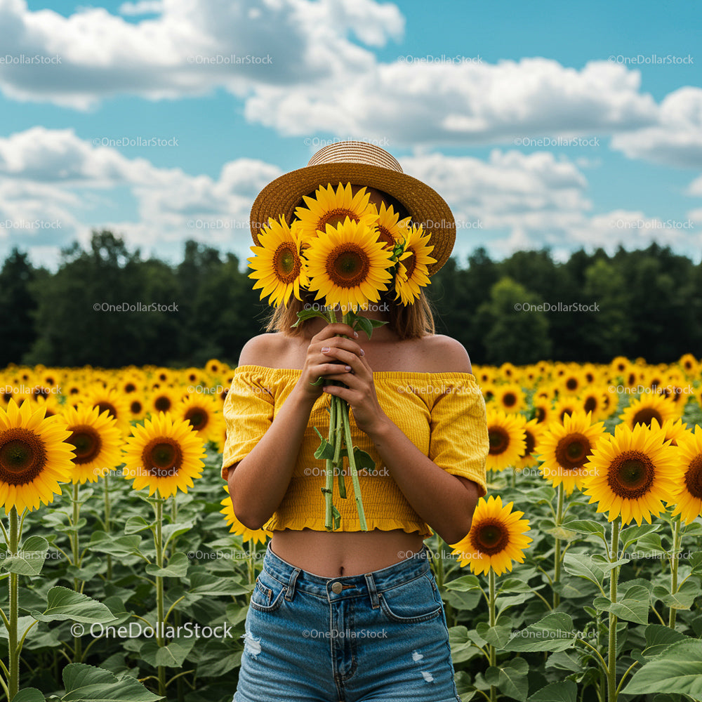 Woman in Sunflower Field with Yellow Top and Straw Hat