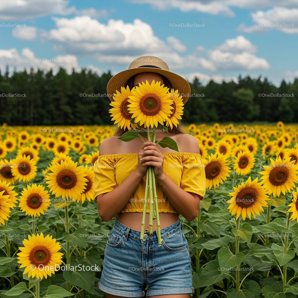 Woman in Sunflower Field Wearing Straw Hat and Yellow Top