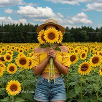 Woman in Sunflower Field Wearing Straw Hat and Yellow Top