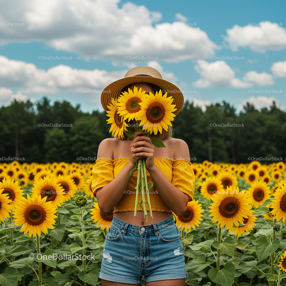 Woman in Sunflower Field with Straw Hat on a Sunny Day