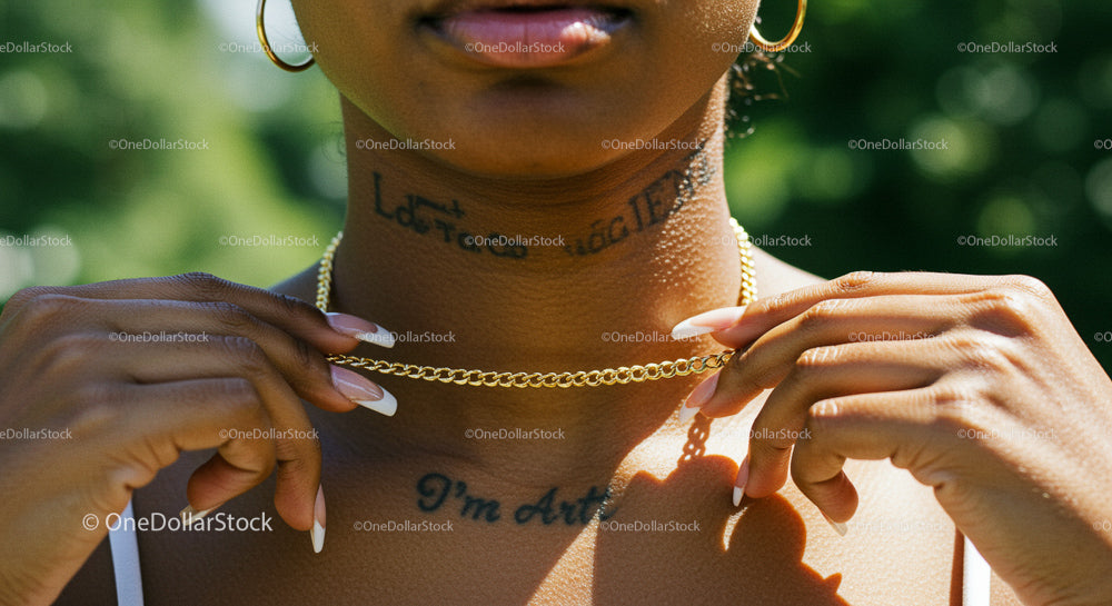 Close-Up of Gold Necklace and Tattooed Neck in Sunlight