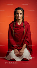 Woman in Red Shawl with Braided Hair against Red Background