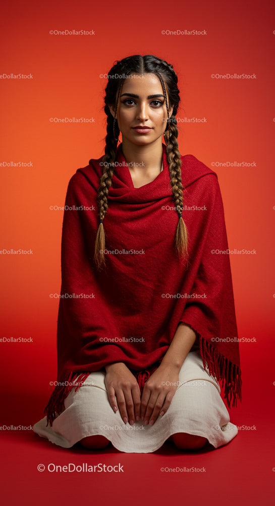 Woman in Red Shawl with Braided Hair against Red Background