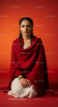 Woman in Red Shawl with Braided Hair Against Orange Background