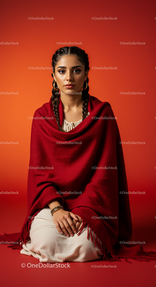 Woman in Red Shawl with Braided Hair Against Orange Background