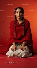 Woman in Red Shawl with Braided Hair Sitting Against Orange Background