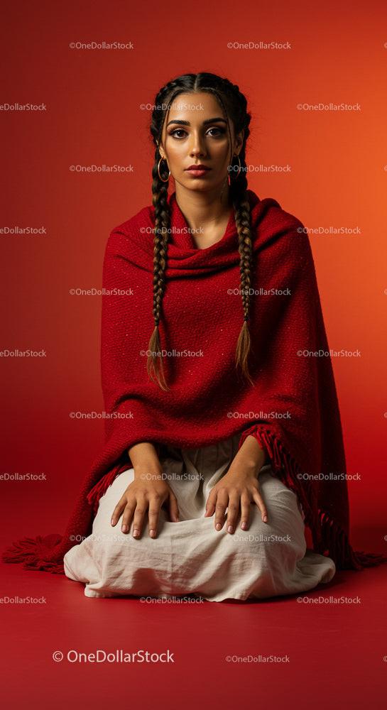 Woman in Red Shawl with Braided Hair Sitting Against Orange Background
