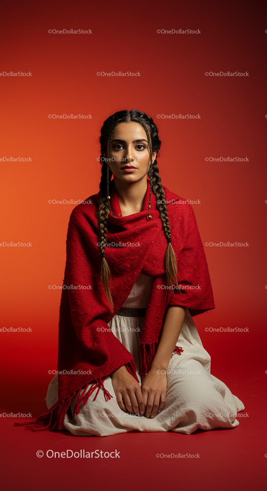 Woman in Red Shawl with Braids Against Gradient Background