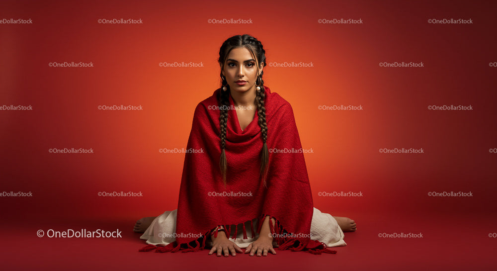 Serene Woman in Red Shawl Practicing Yoga