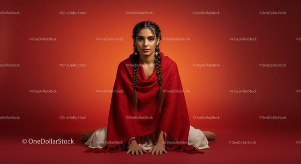 Serene Woman in Red Shawl Practicing Yoga