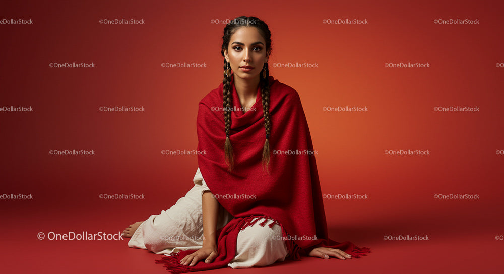 Elegant Woman in Red Shawl with Braided Hair