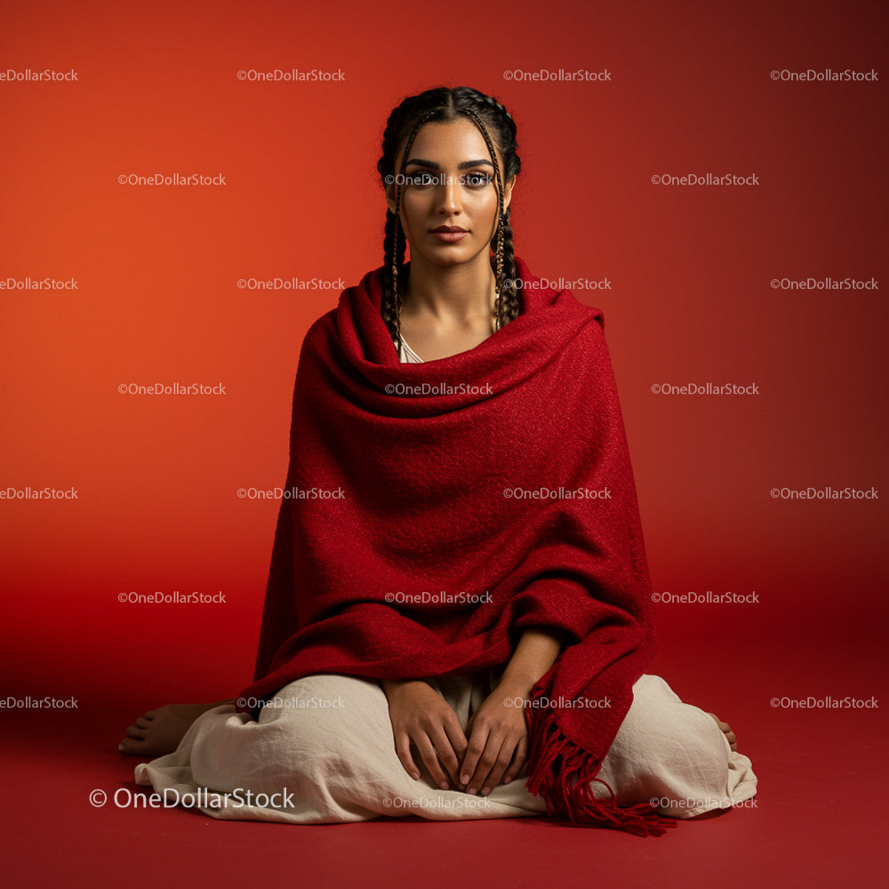 Serene Woman in Red Shawl Meditating