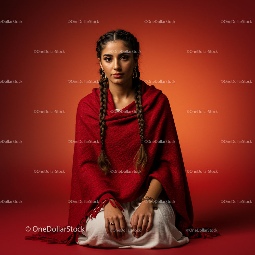 Portrait of Woman in Red Shawl with Braided Hair