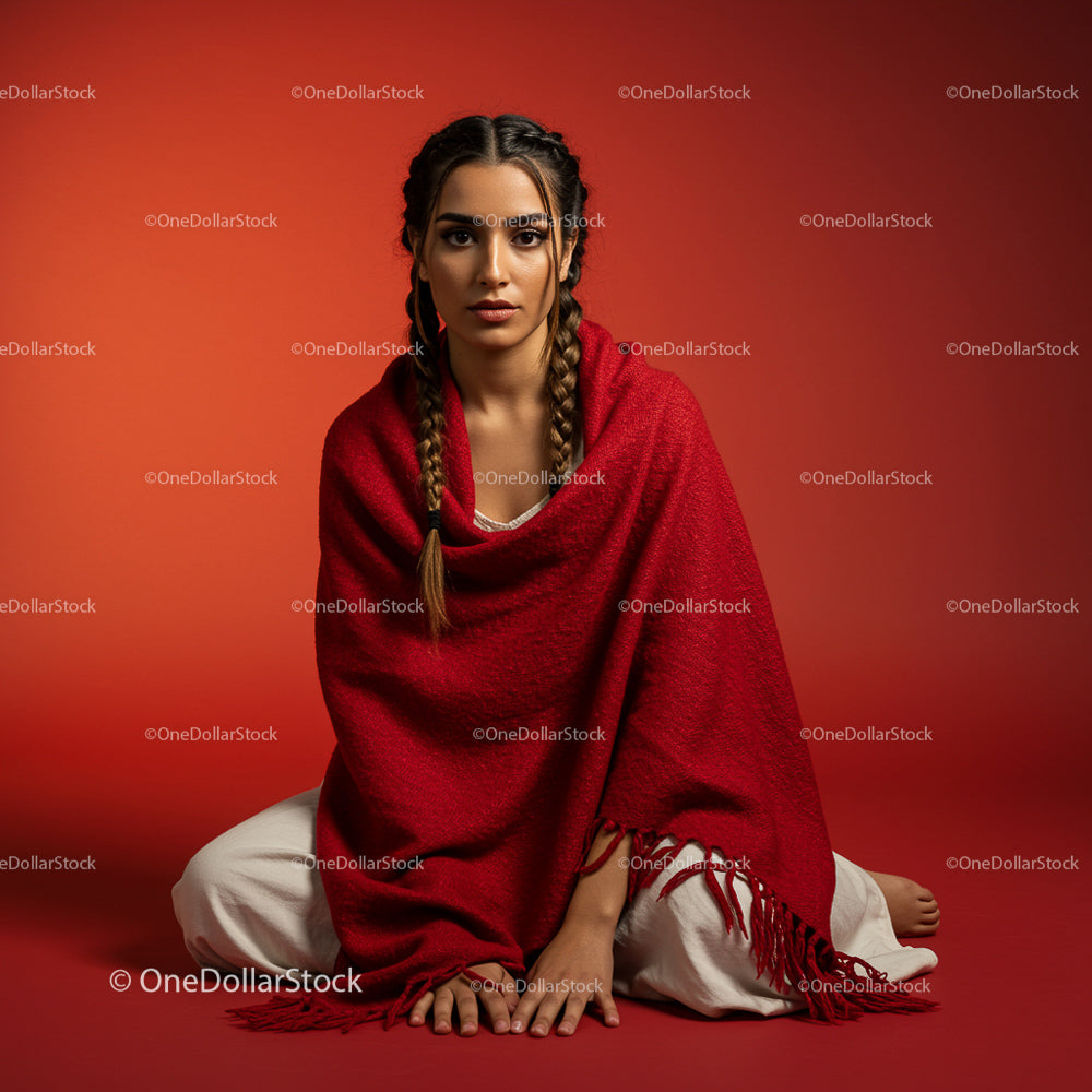 Woman in Red Shawl with Braided Hair on Red Background
