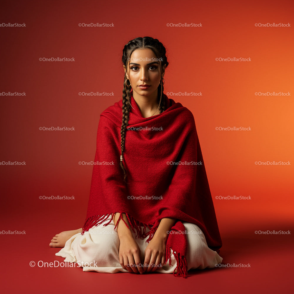 Woman in Red Shawl with Braided Hair Against Orange Backdrop