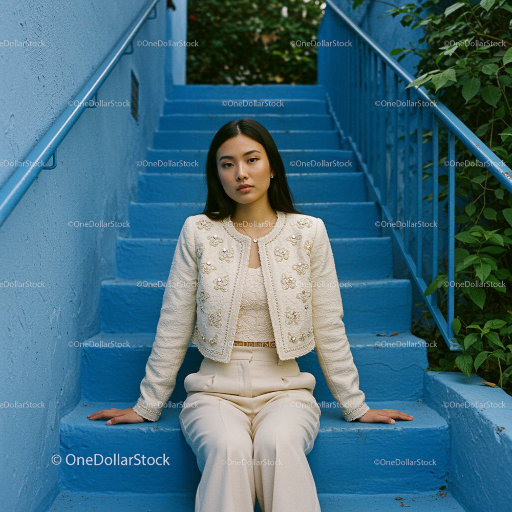 Elegant Woman Sitting on Blue Stairs in Stylish Outfit