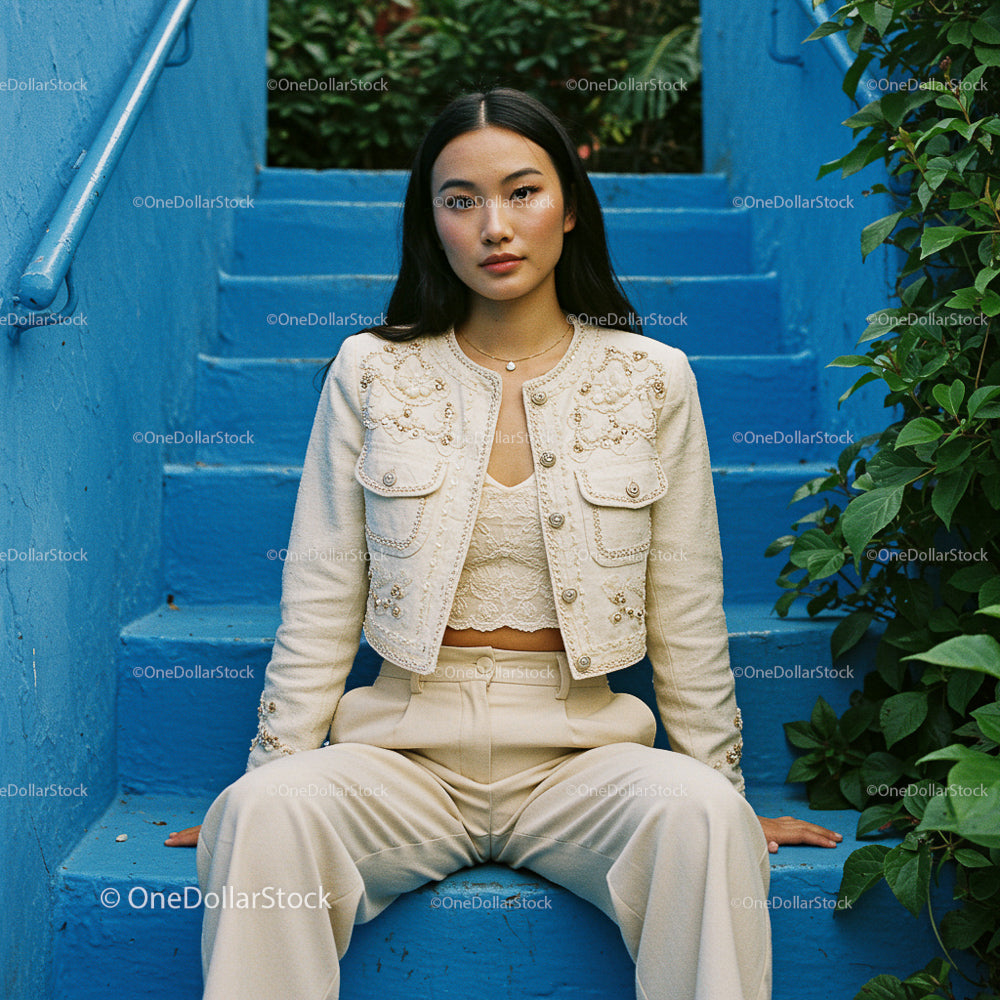 Stylish Woman in Beige Outfit on Blue Steps