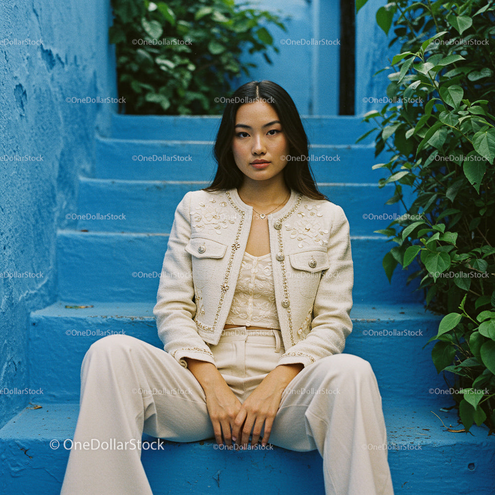 Elegant Woman in Stylish Jacket on Blue Stairs