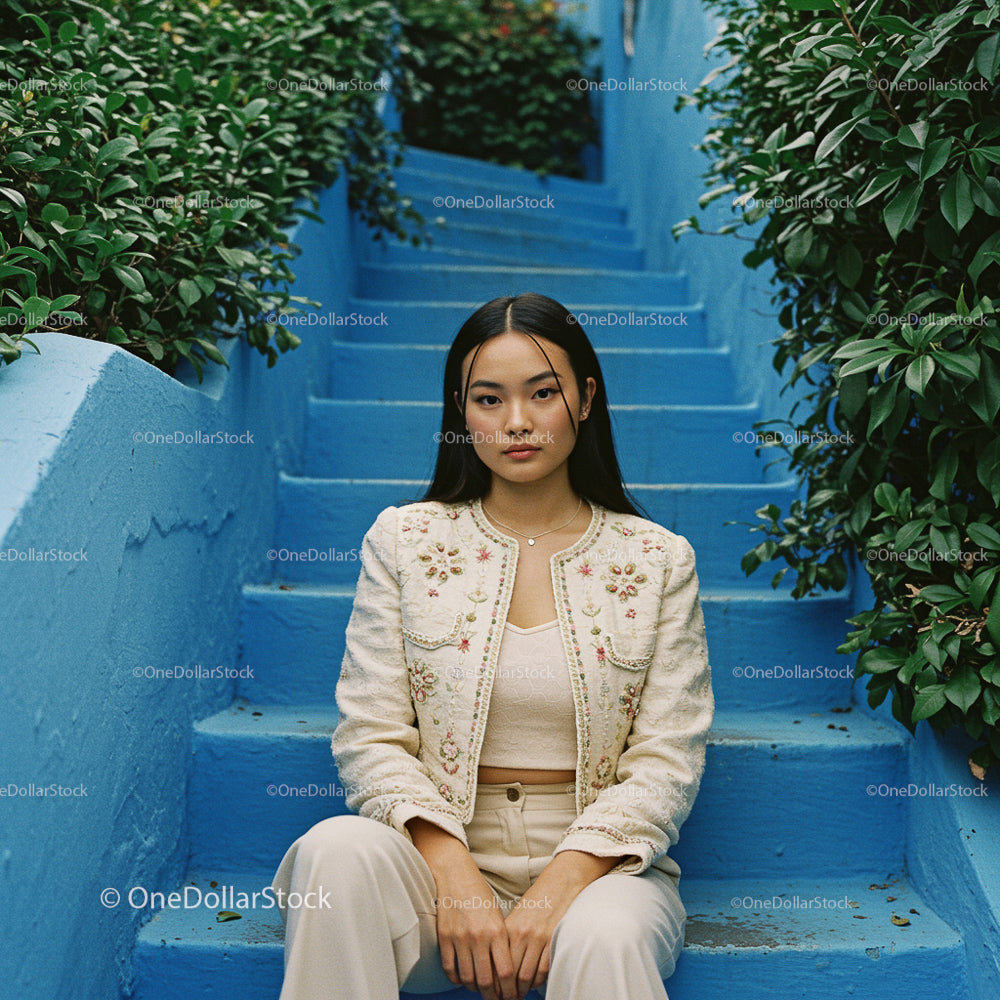 Elegant Woman Sitting on Blue Stairs with Green Foliage