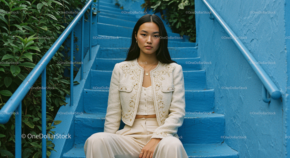 Elegant Woman in White Jacket on Bold Blue Stairs