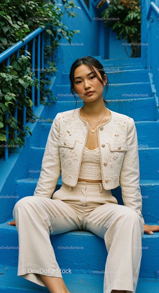Stylish Woman in Elegant Outfit on Blue Stairs