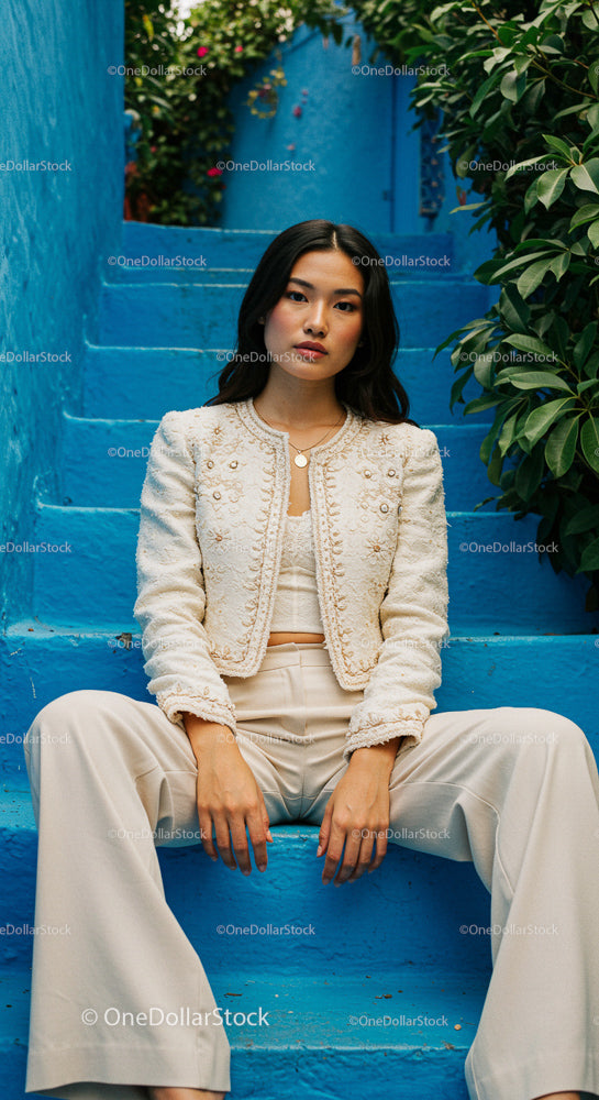 Stylish Woman in White Outfit on Blue Stairs with Greenery