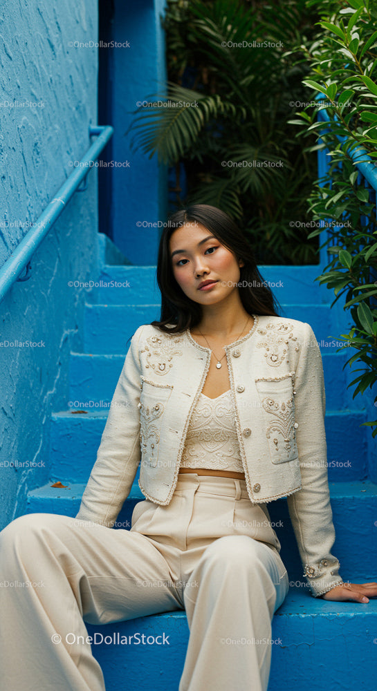 Stylish Woman in Beige Outfit on Blue Urban Stairs