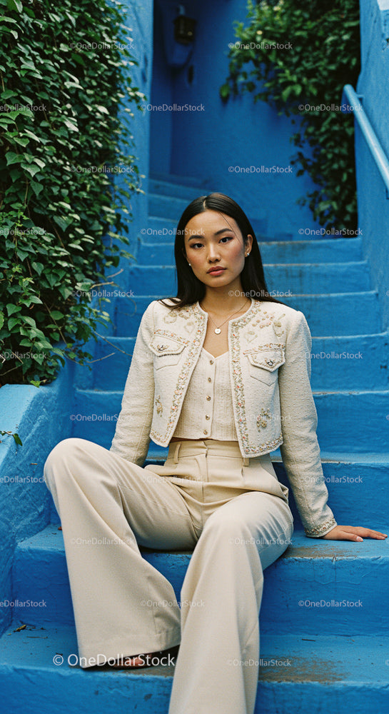 Fashionable Woman on Blue Outdoor Staircase