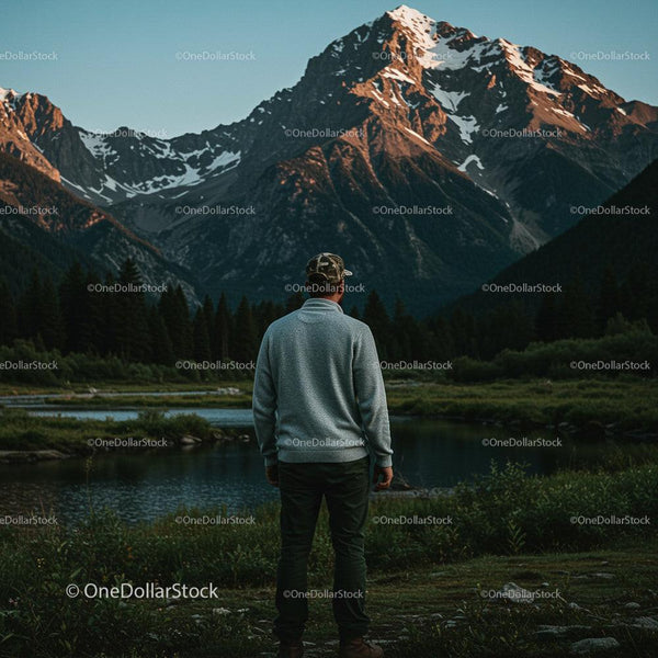 Man Admiring Majestic Mountain Landscape at Sunset