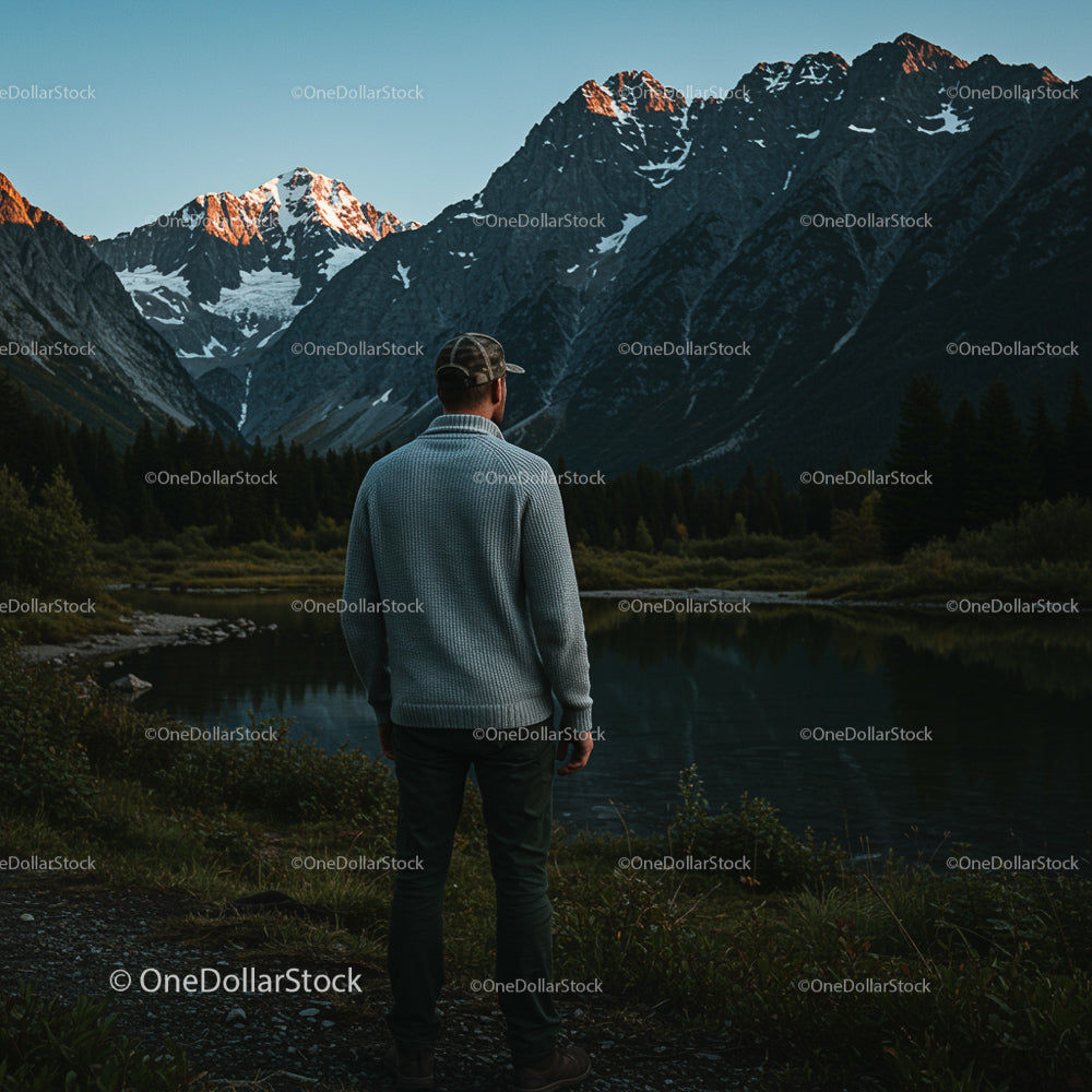 Man Admiring Majestic Mountain Range at Sunset