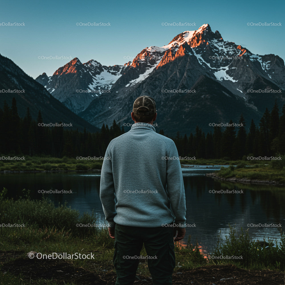 Man Admiring Majestic Mountain at Dawn Reflection