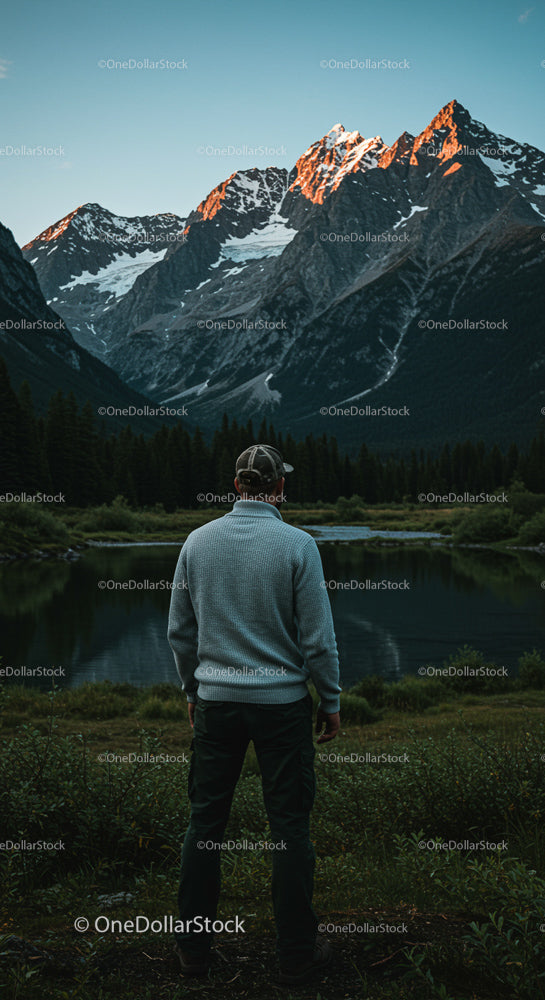 Man Admiring Mountain View at Sunrise by Alpine Lake