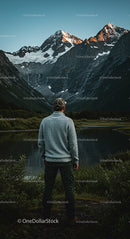 Hiker Admiring Majestic Mountain Range and Serene Lake