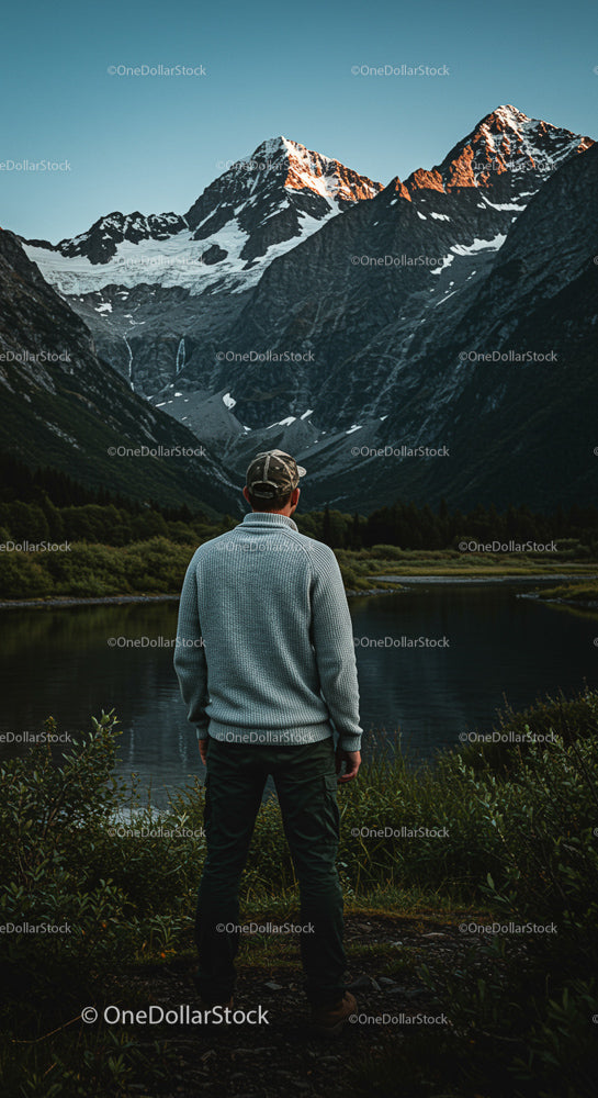 Hiker Admiring Majestic Mountain Range and Serene Lake
