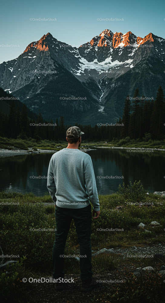 Man Enjoying Serene Lake and Mountain Sunset