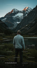 Man Admiring Majestic Alpine Mountains at Dawn