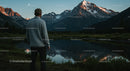 Man Admiring Snow-Capped Mountains at Sunset by a Calm Lake