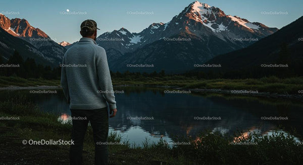 Man Admiring Snow-Capped Mountains at Sunset by a Calm Lake