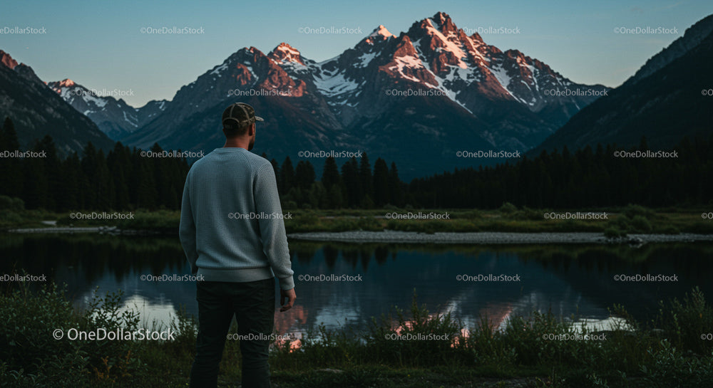 Man Admiring Snow-Capped Mountains by Serene Lake