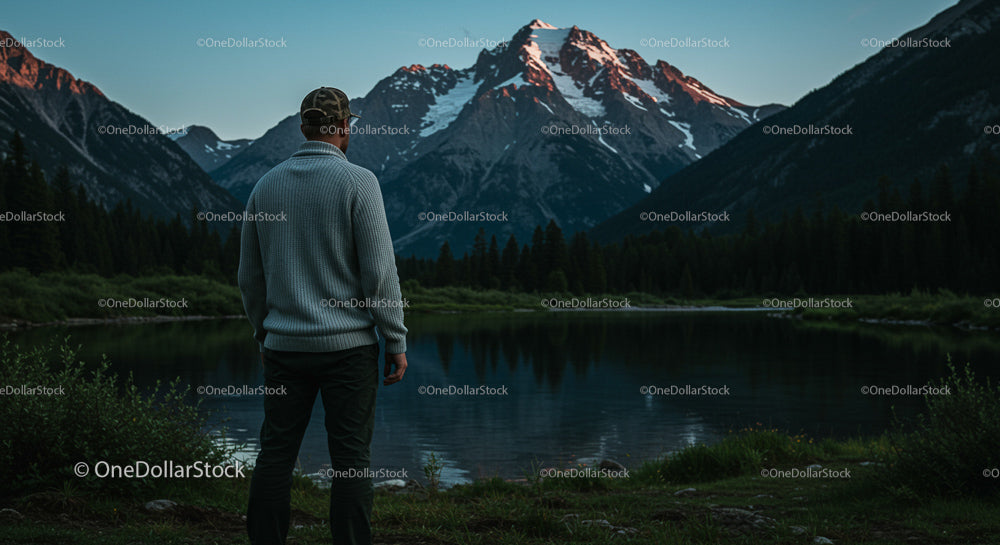 Man Standing by Tranquil Lake with Majestic Mountains