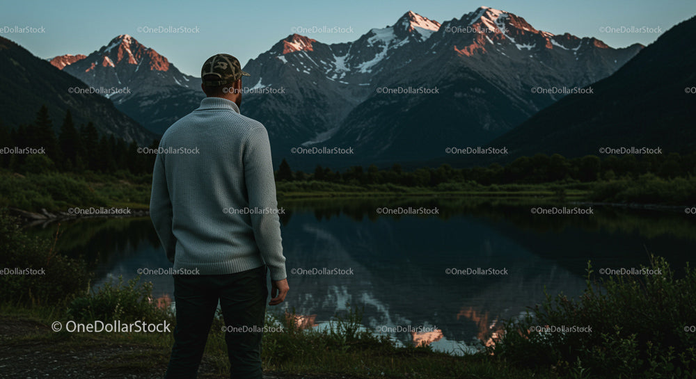 Man Admiring Majestic Mountain Reflection at Dusk